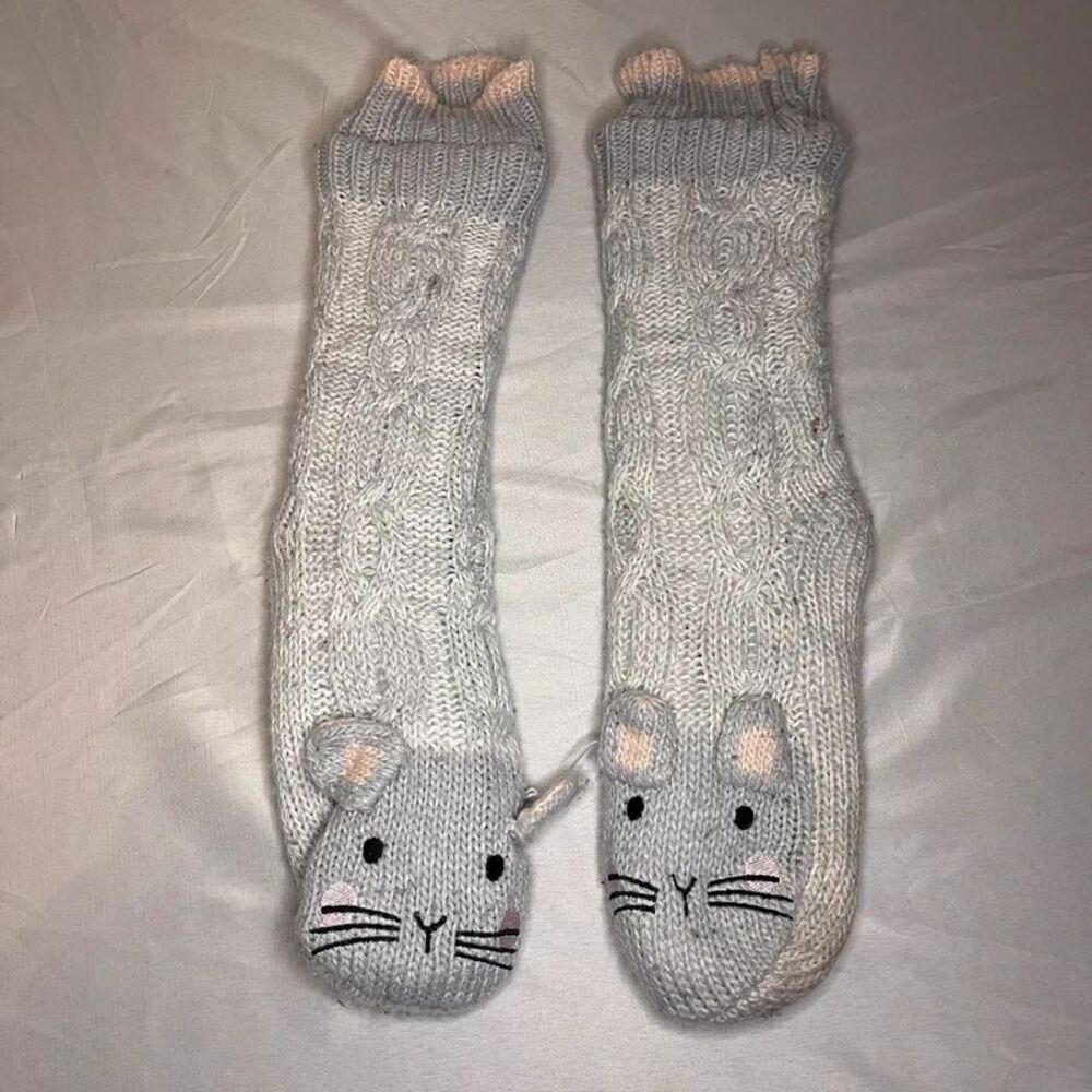 Jane Bleecker Gray Cat Knit Slipper Socks Cozy Fuzzy Non-Slip House Socks